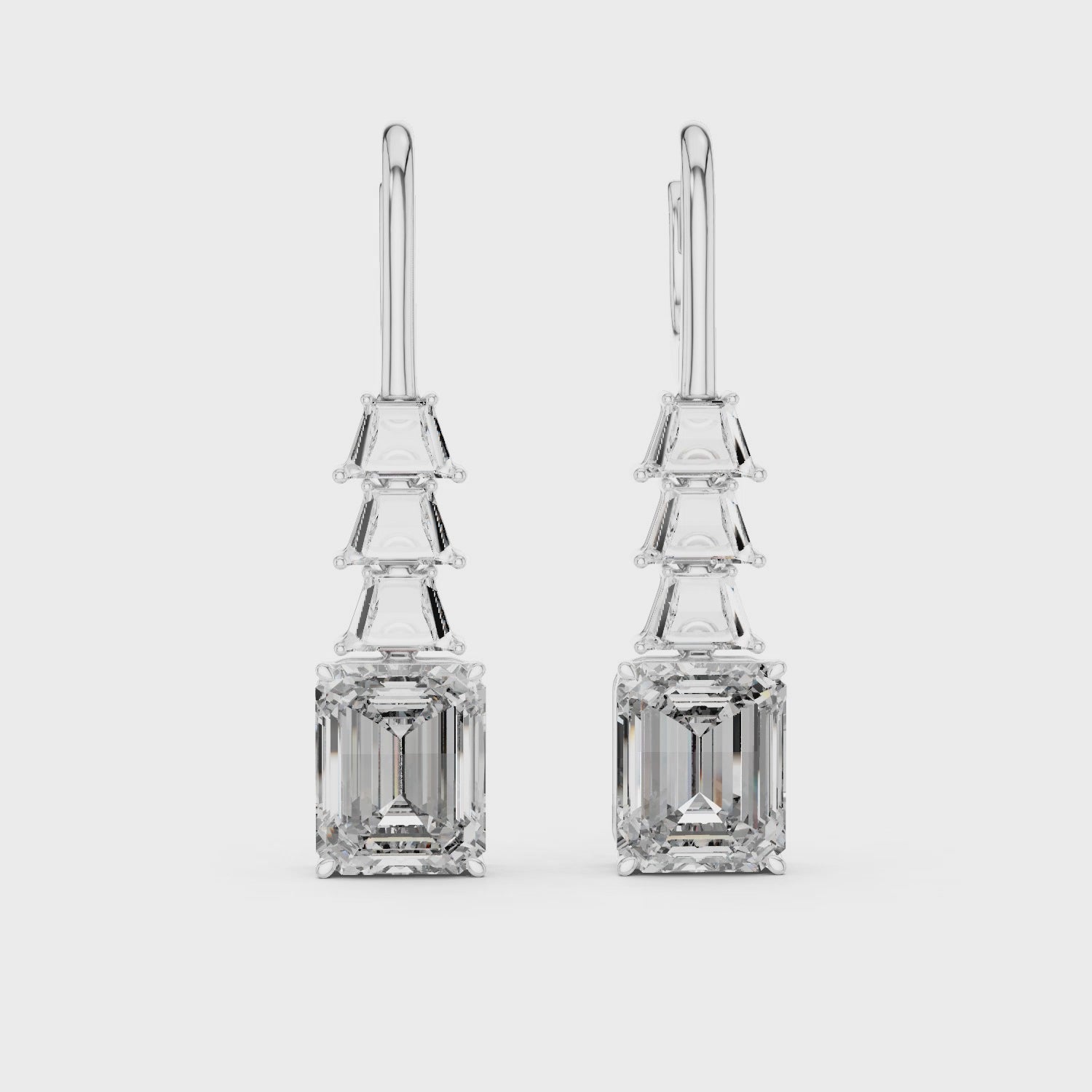 Emerald Cut Solitaire & Trapezoid Diamond Drop Earrings –