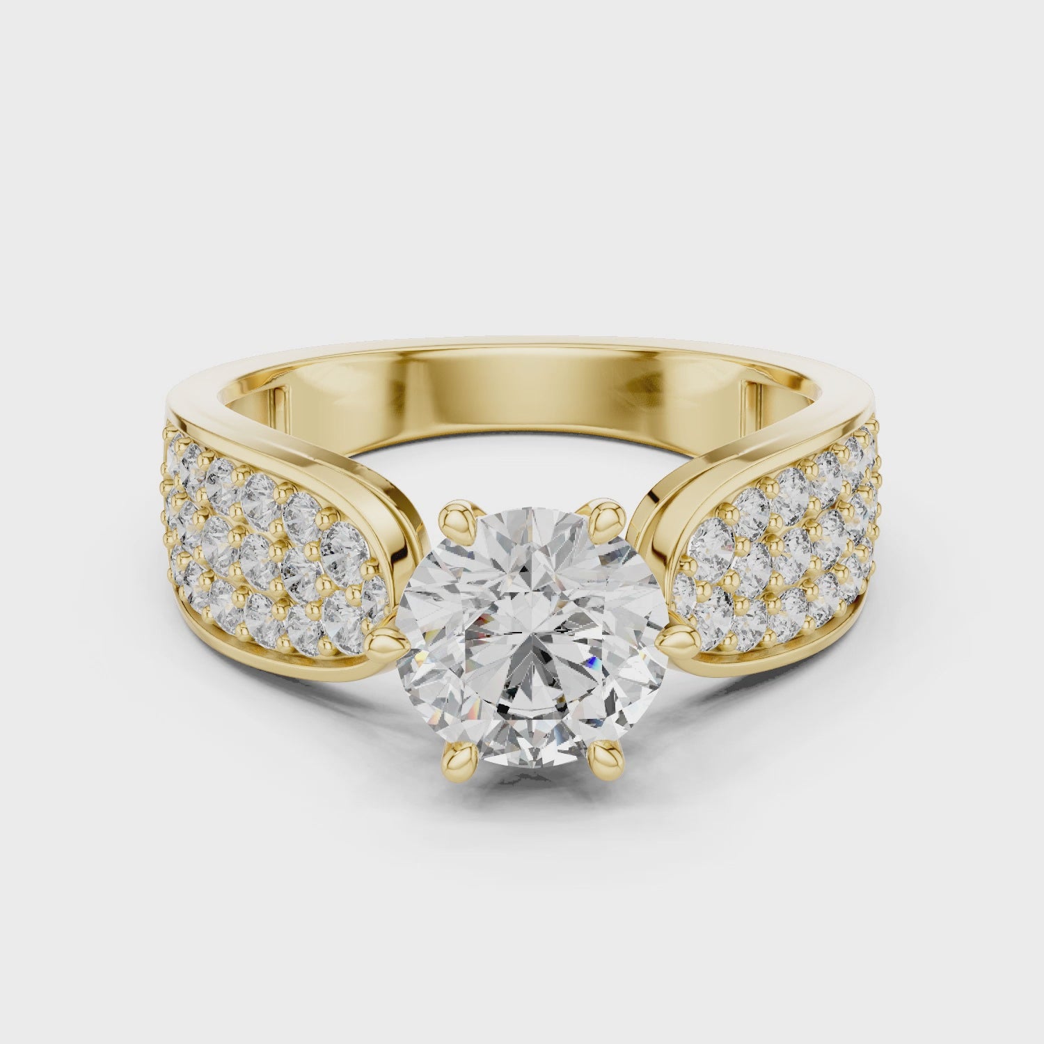 Round Solitaire Engagement Ring with Multi-Row Pave Wide Shank