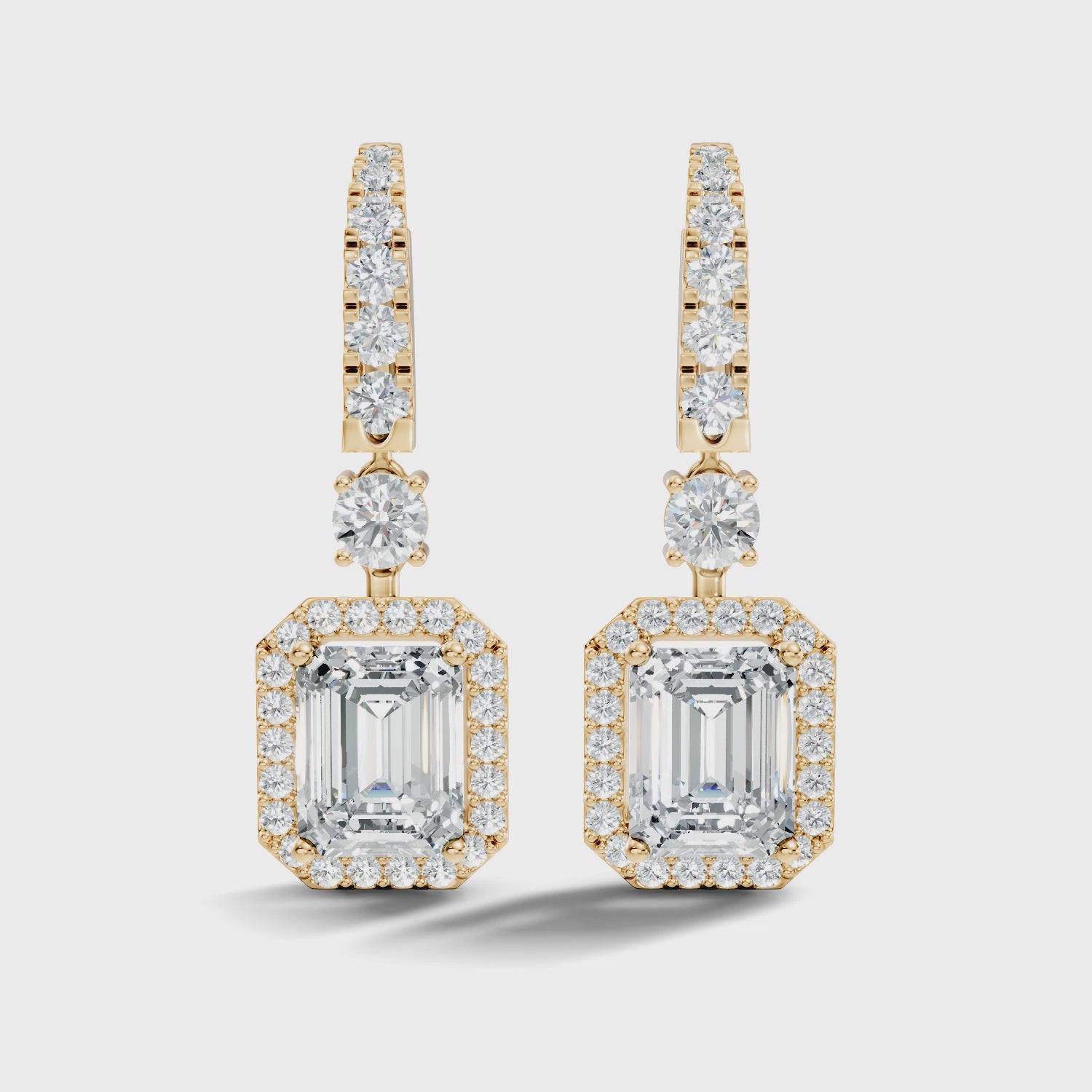Emerald Cut Halo & Graduated Diamond Hoop Drop Earrings