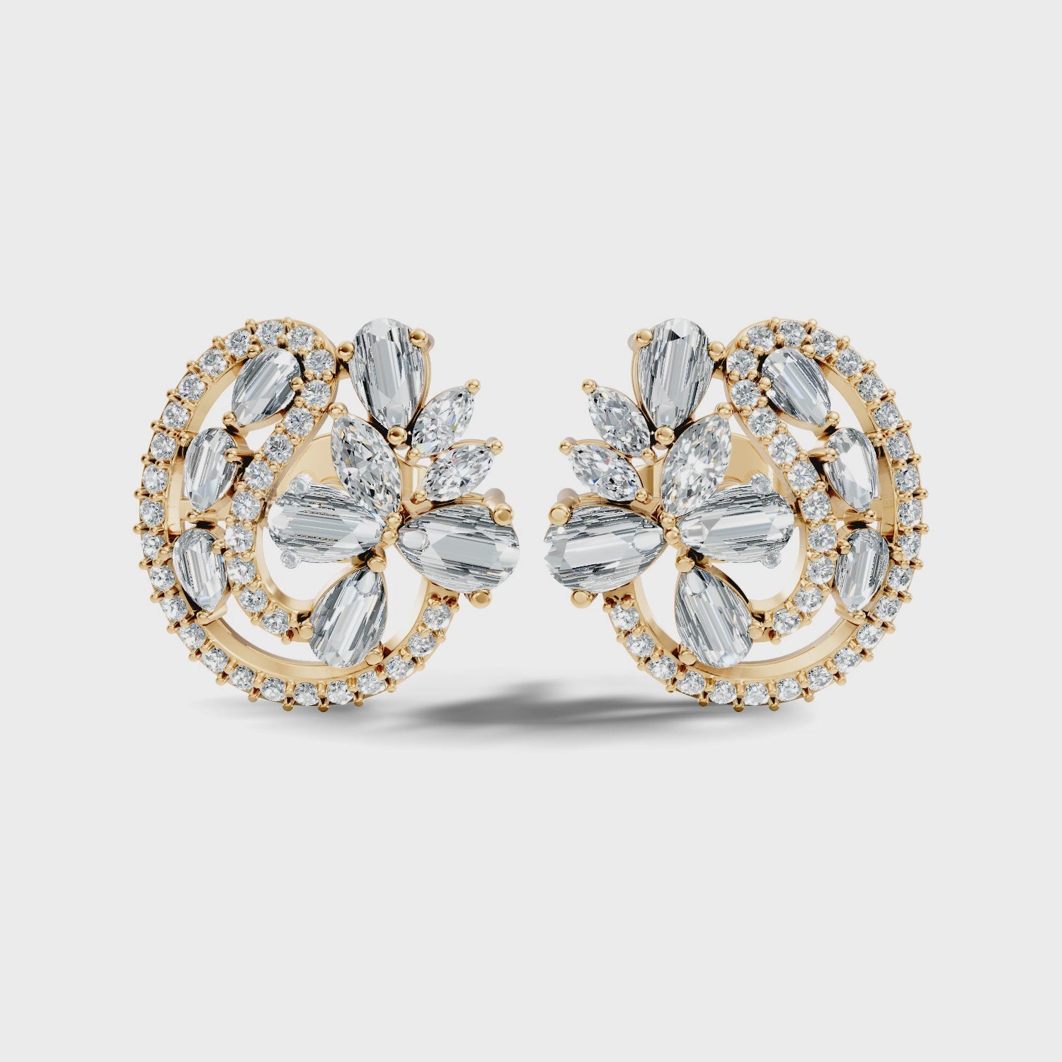 Floral Bouquet & Swirl Halo Diamond Cluster Stud