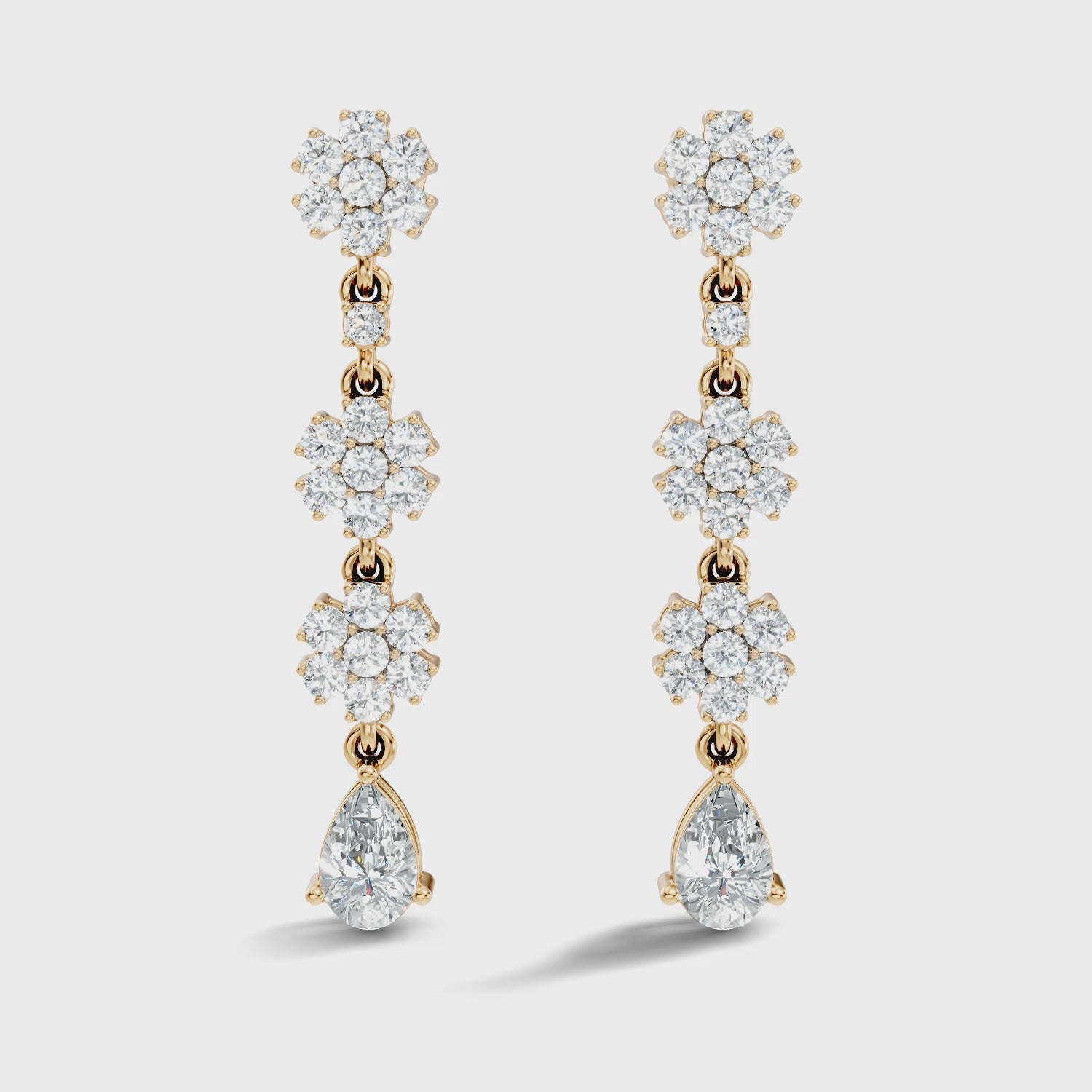 Triple Floral Cluster & Pear Diamond Drop Earrings