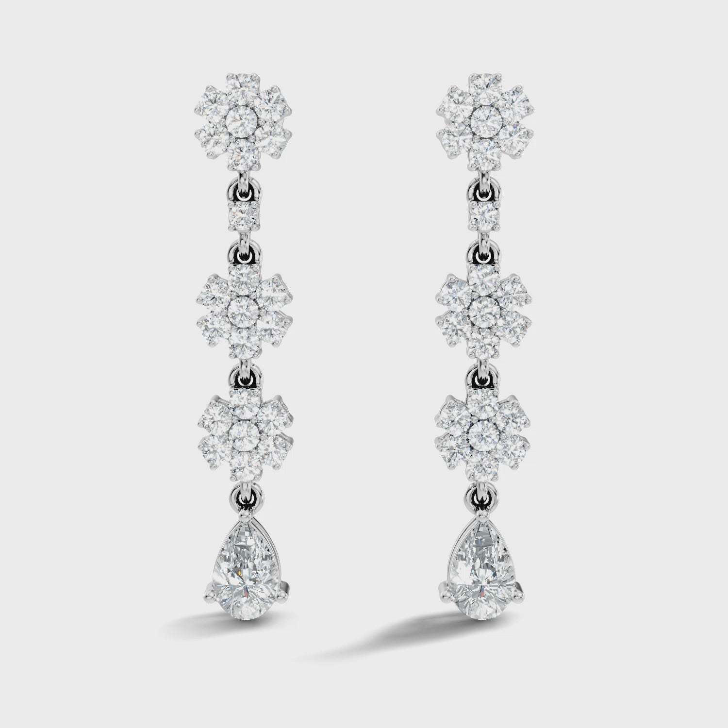 Triple Floral Cluster & Pear Diamond Drop Earrings