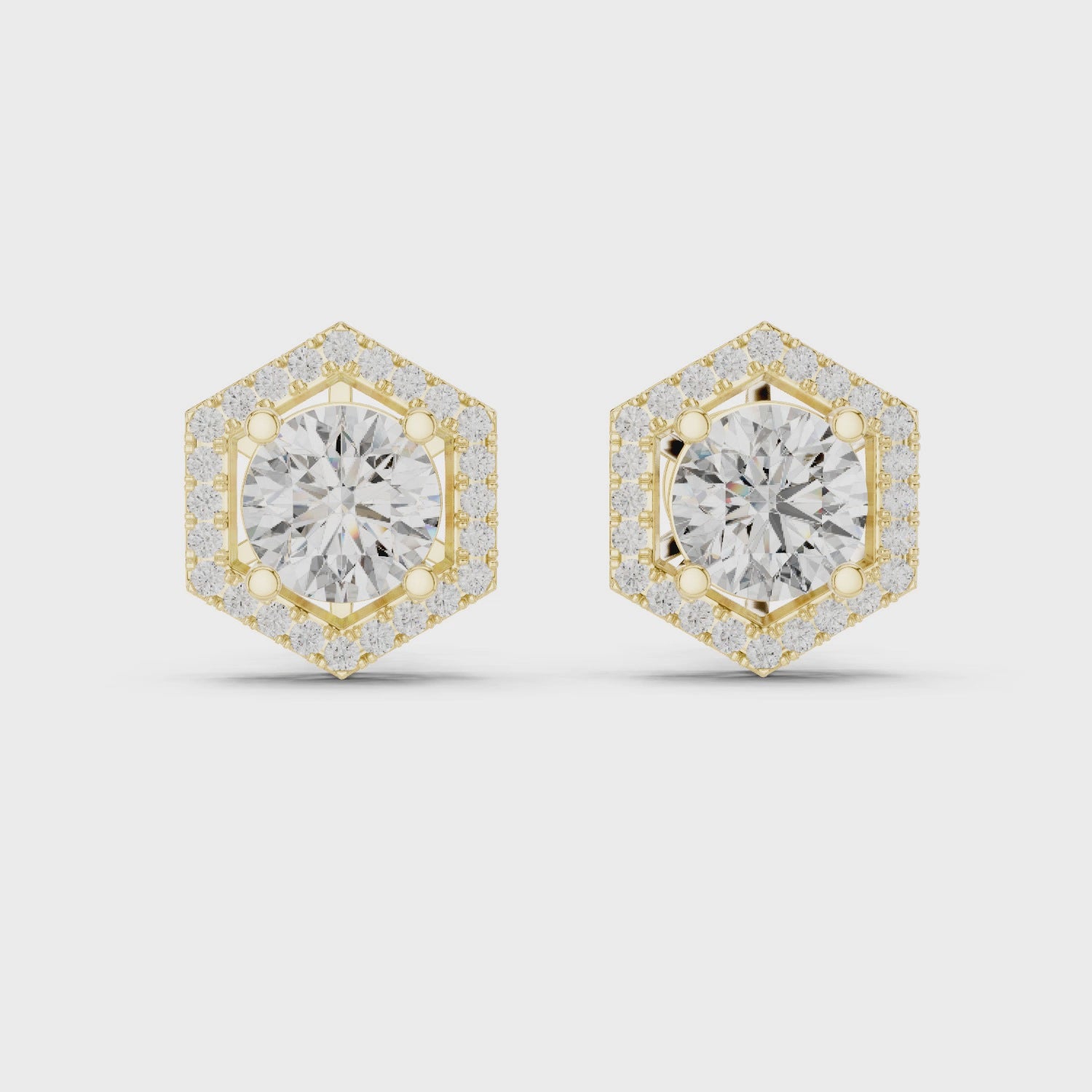 Round Cut Diamond Studs with Hexagonal Pave Halo Setting