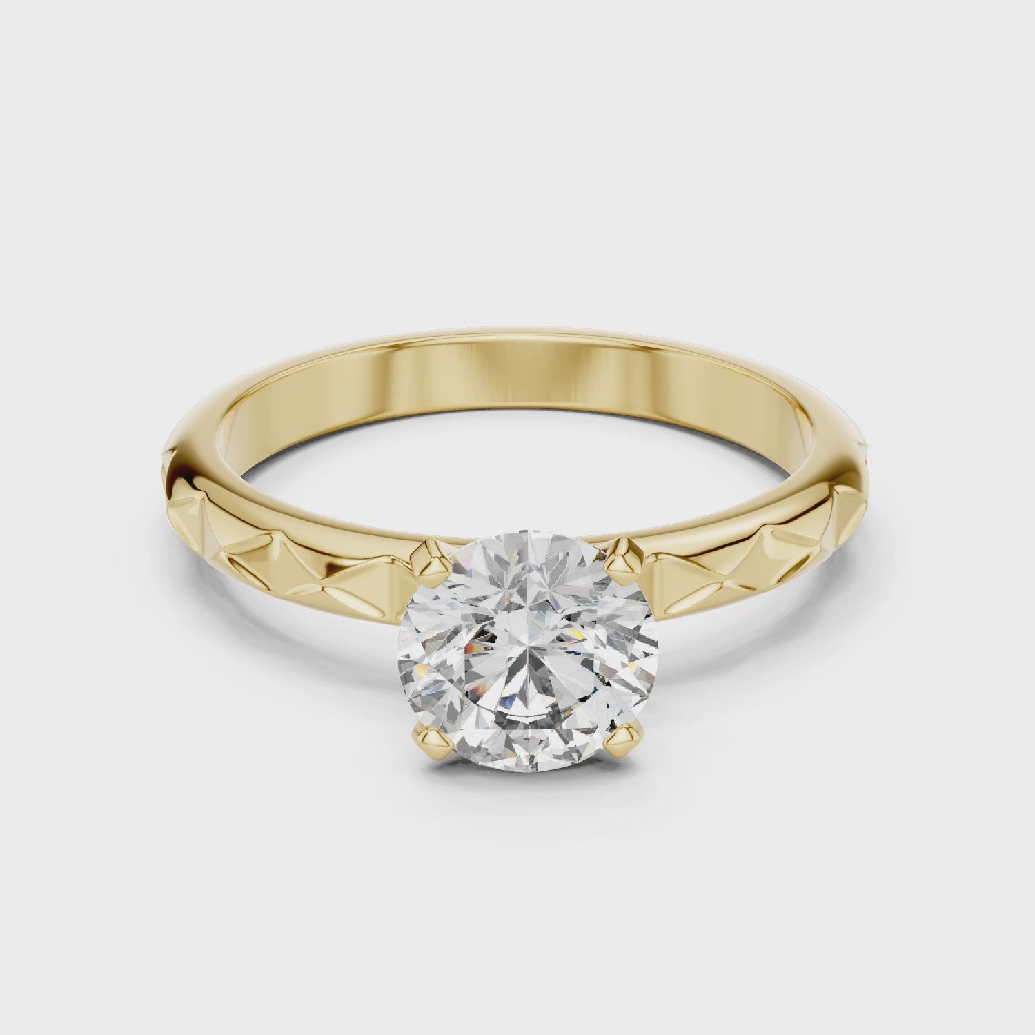 Geometric Scalloped Faceted Band 1.00 Carat Round Solitaire Diamond Ring
