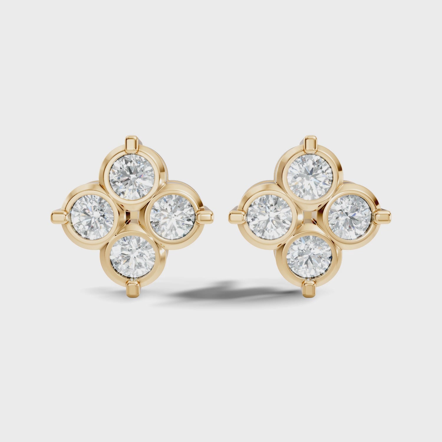Four-Petal Floral Clover Round Diamond Cluster Stud