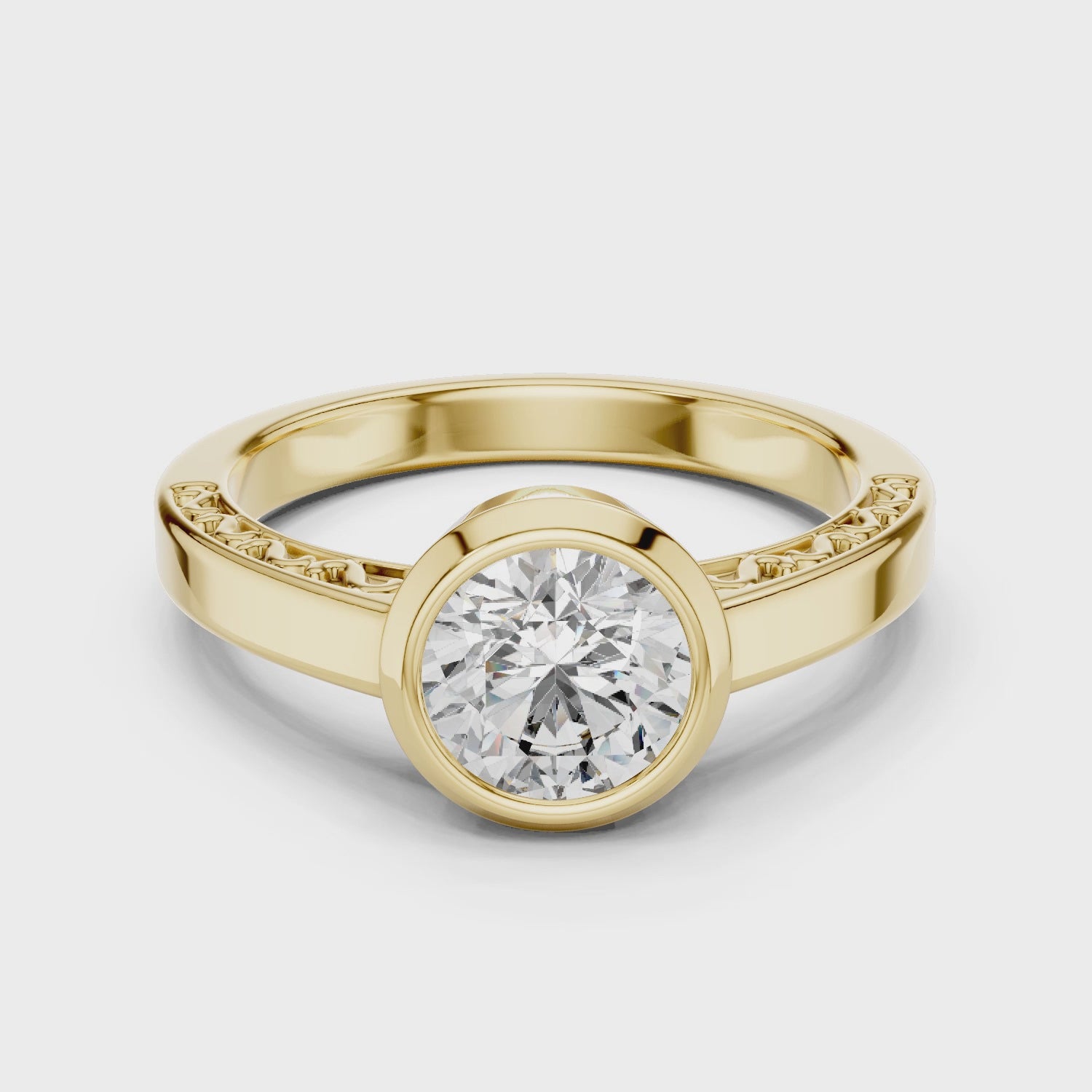 Round Bezel-Set Solitaire Ring with Filigree Shank