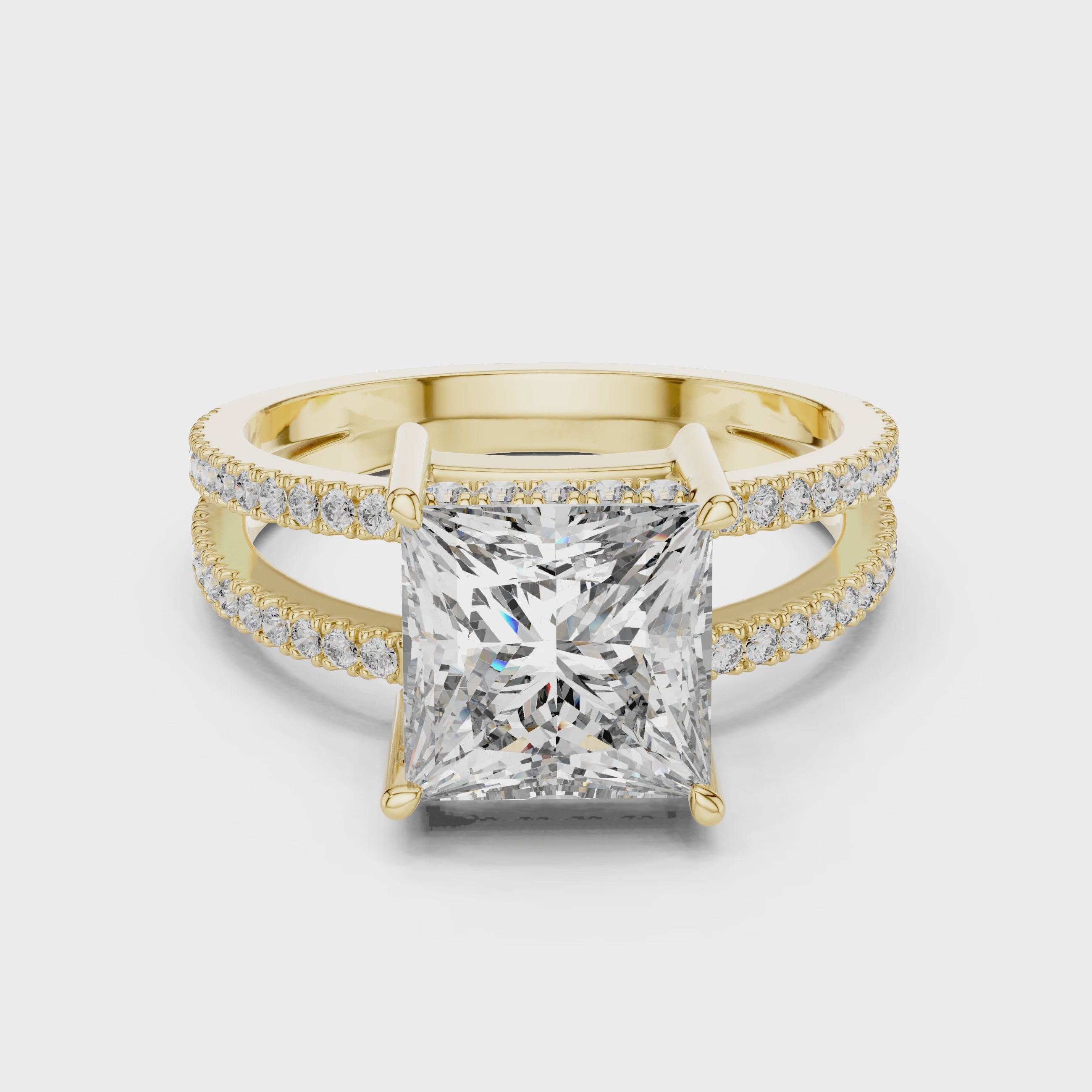 Princess Cut Solitaire Engagement Ring with Split Pave Shank & Collar Accent