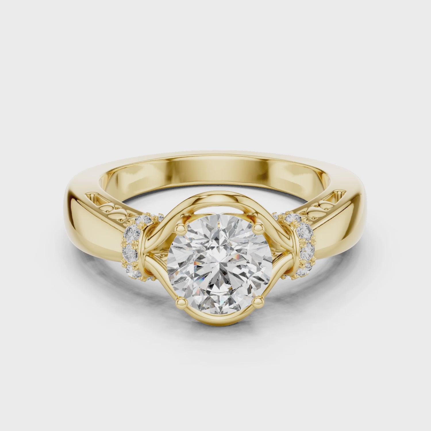 Round Solitaire Engagement Ring with Cross-Over Vine Accents