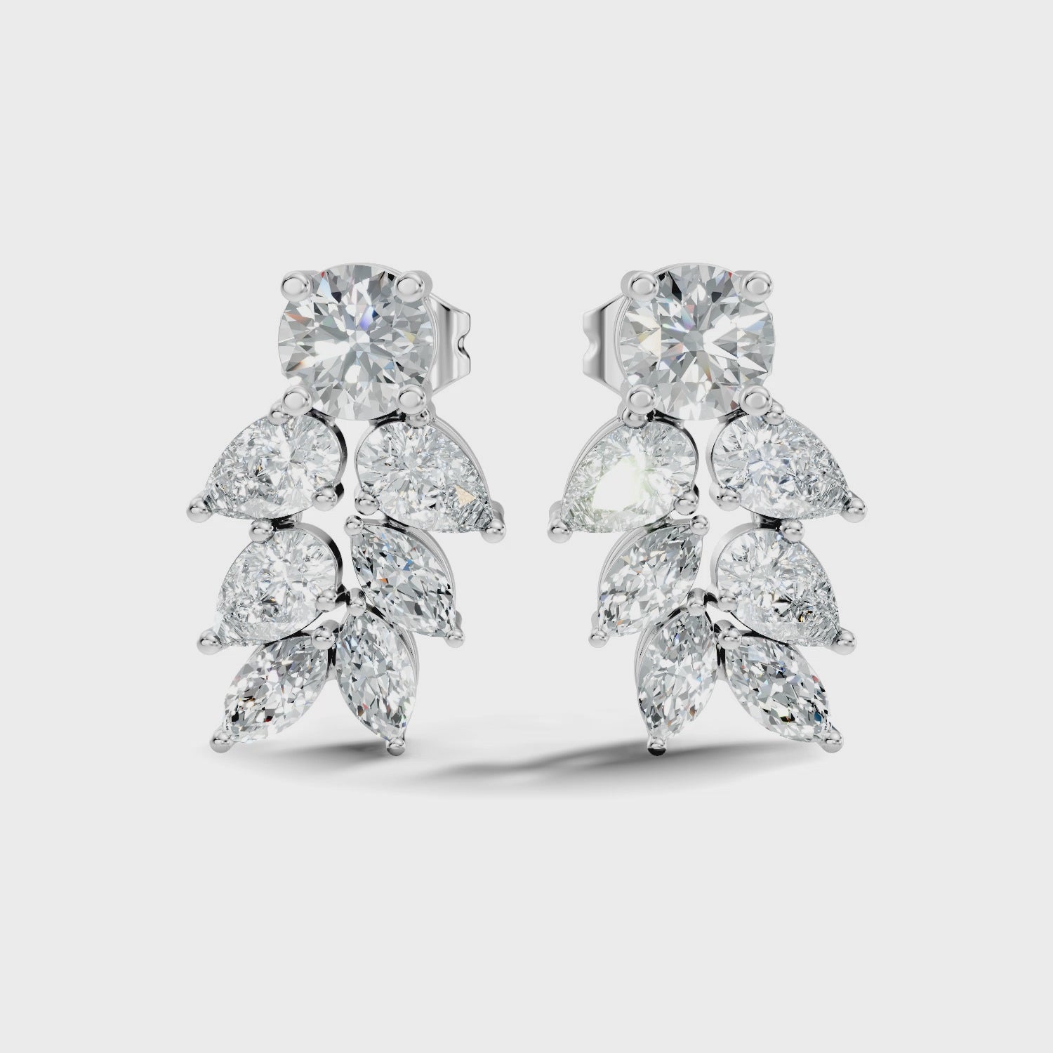 Round Solitaire & Cascading Leaf Cluster Diamond Stud