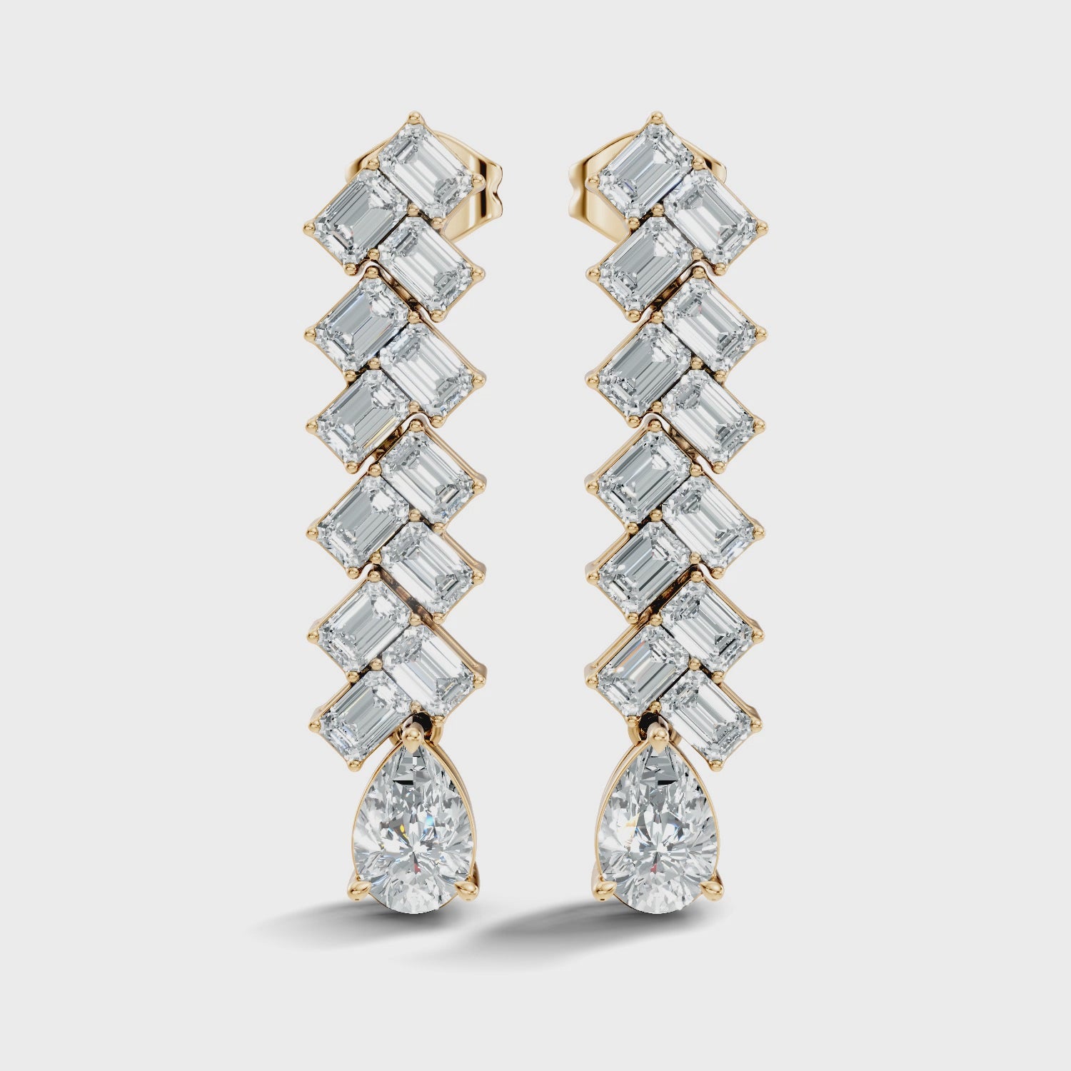 Emerald Cut Zig-Zag Column & Pear Drop Diamond Earrings
