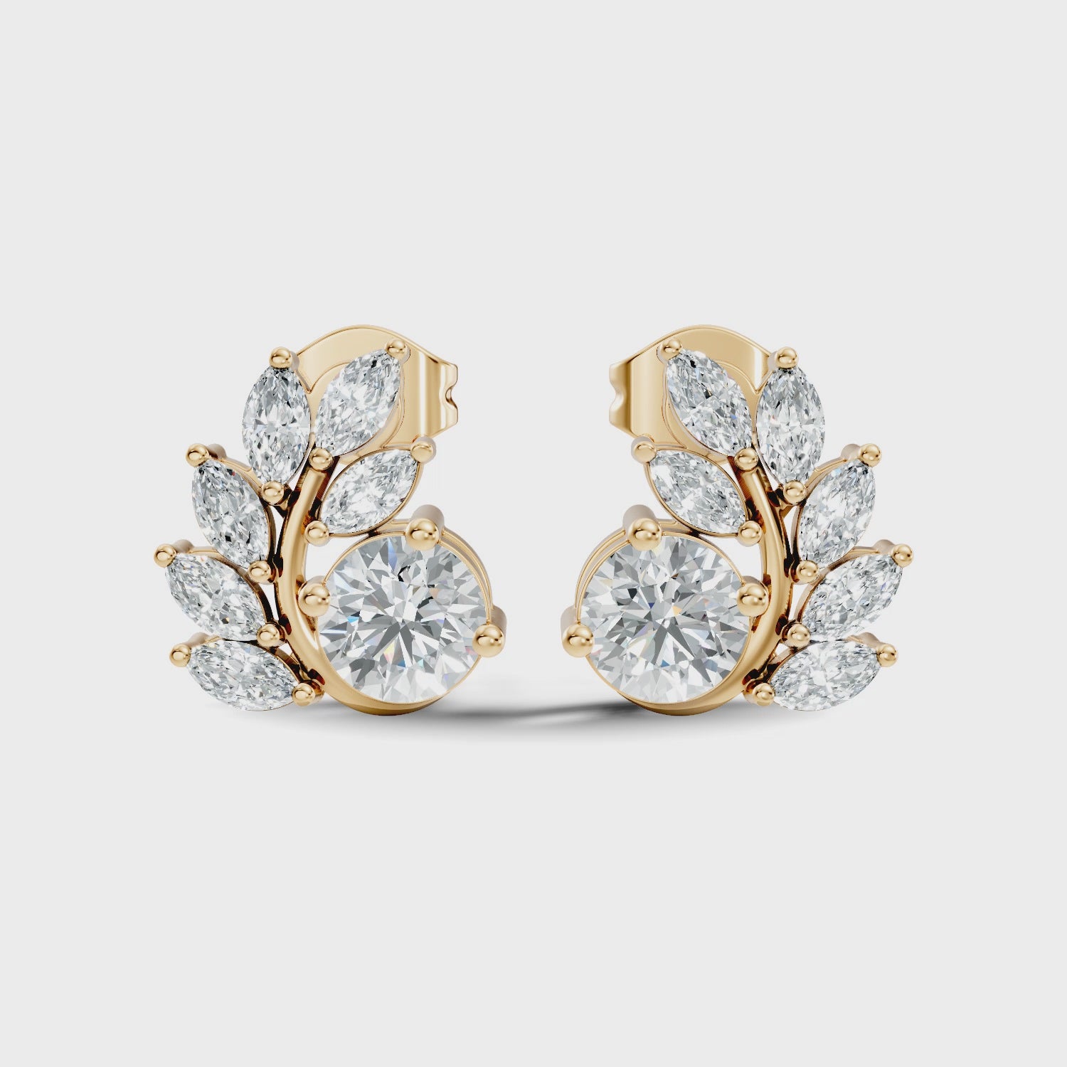 Round & Marquise Curved Leaf Vine Diamond Stud