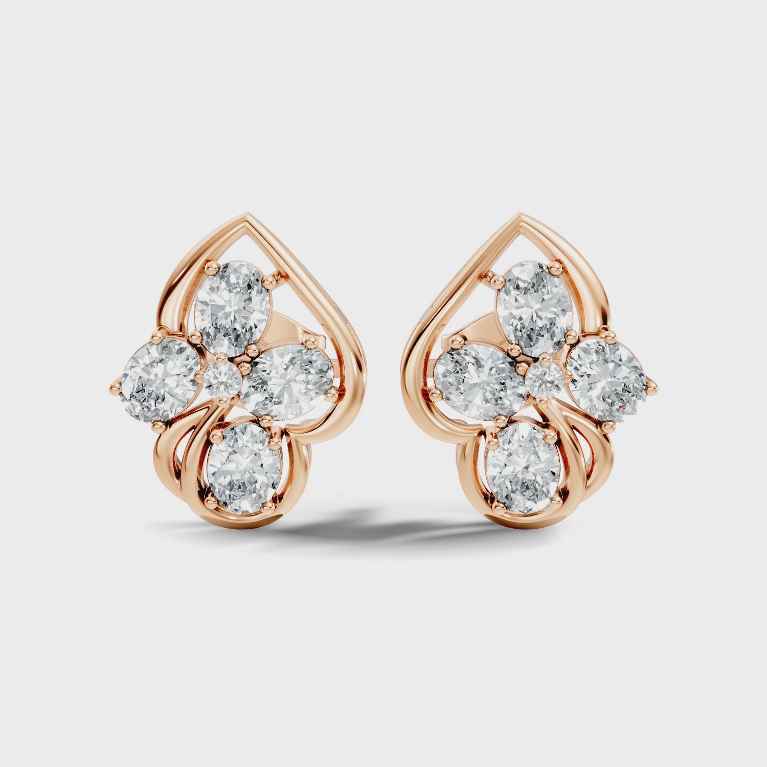 Oval & Round Diamond Leaf Contour Cluster Stud