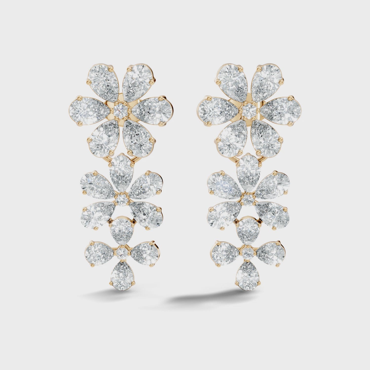 Pear & Round Diamond Triple Tier Floral Drop Earrings