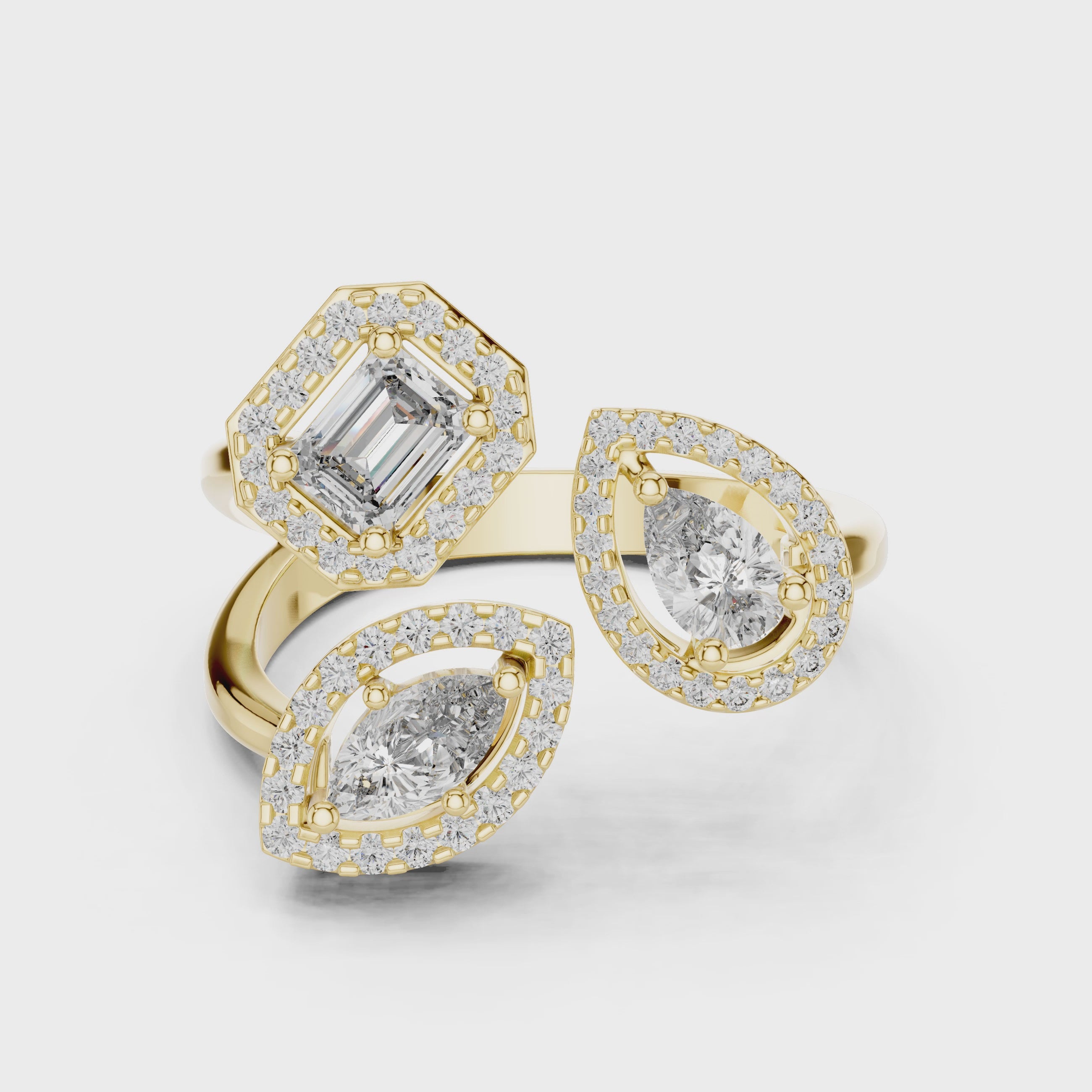 Three-Stone Multi-Shape Halo Cluster Ring