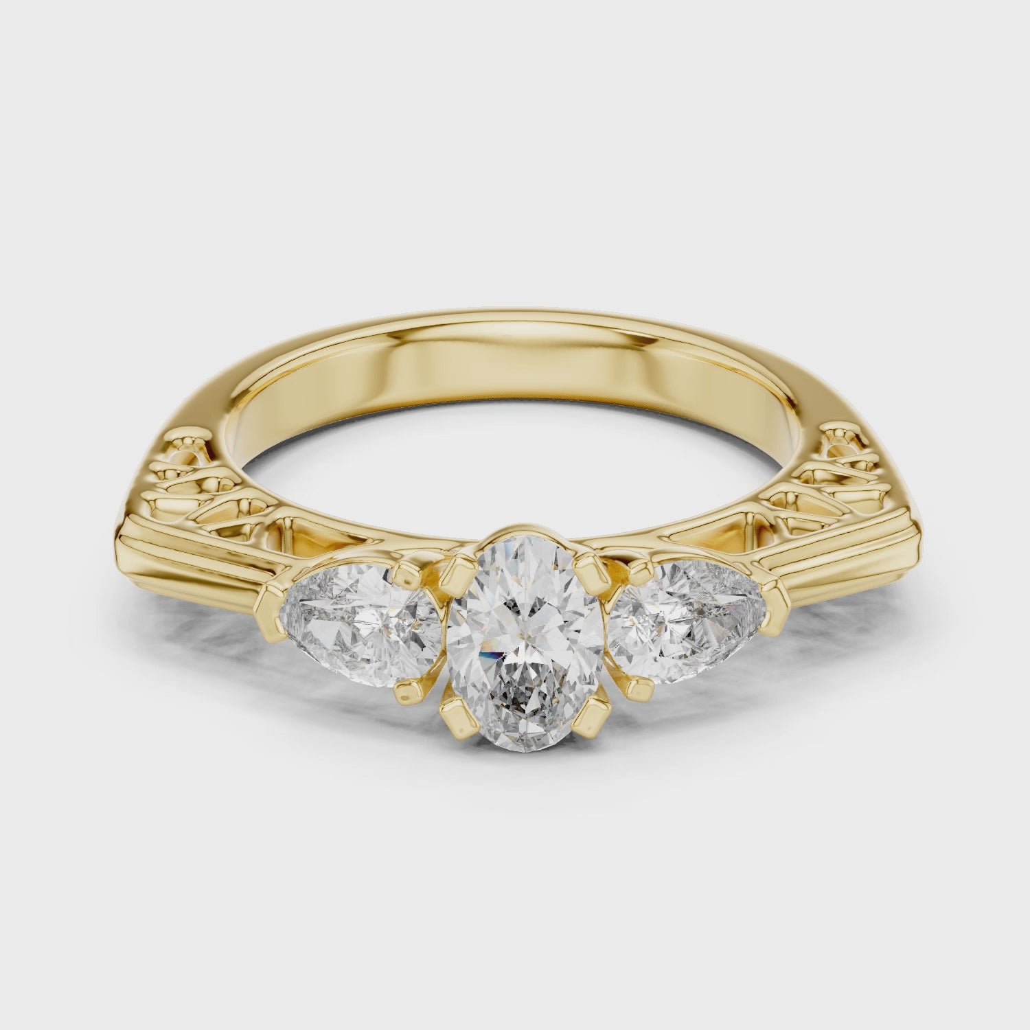 Three-Stone Oval & Pear Vintage Filigree Engagement Ring