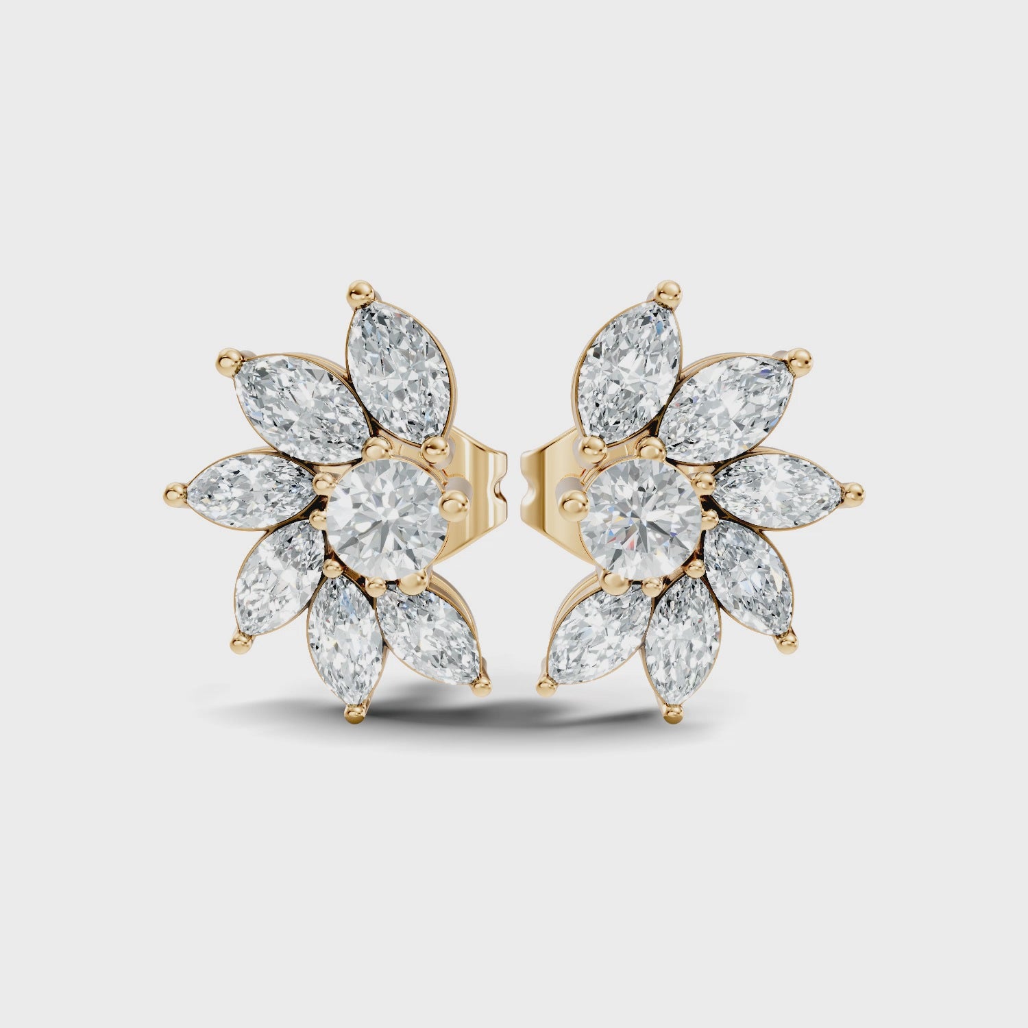 Marquise & Round Diamond Asymmetric Pinwheel Cluster Stud