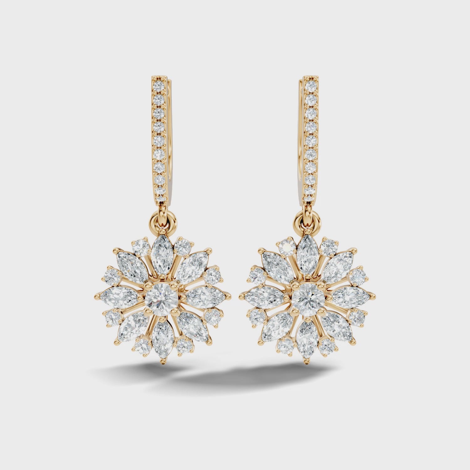 Marquise & Round Diamond Floral Sunburst Drop Earrings with Pavé Huggie Hoops