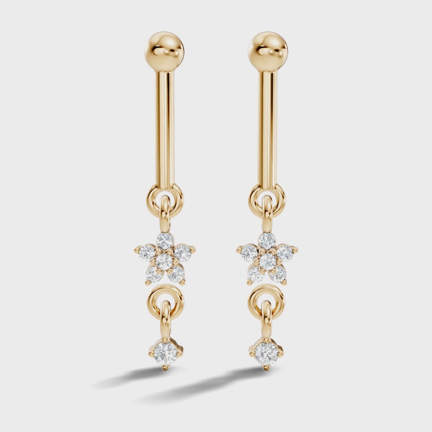 Round Diamond Bar & Floral Drop Earrings