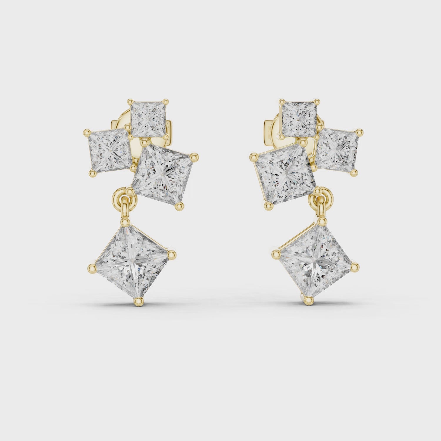 Geometric Princess-Cut Diamond Cluster Drop Earrings