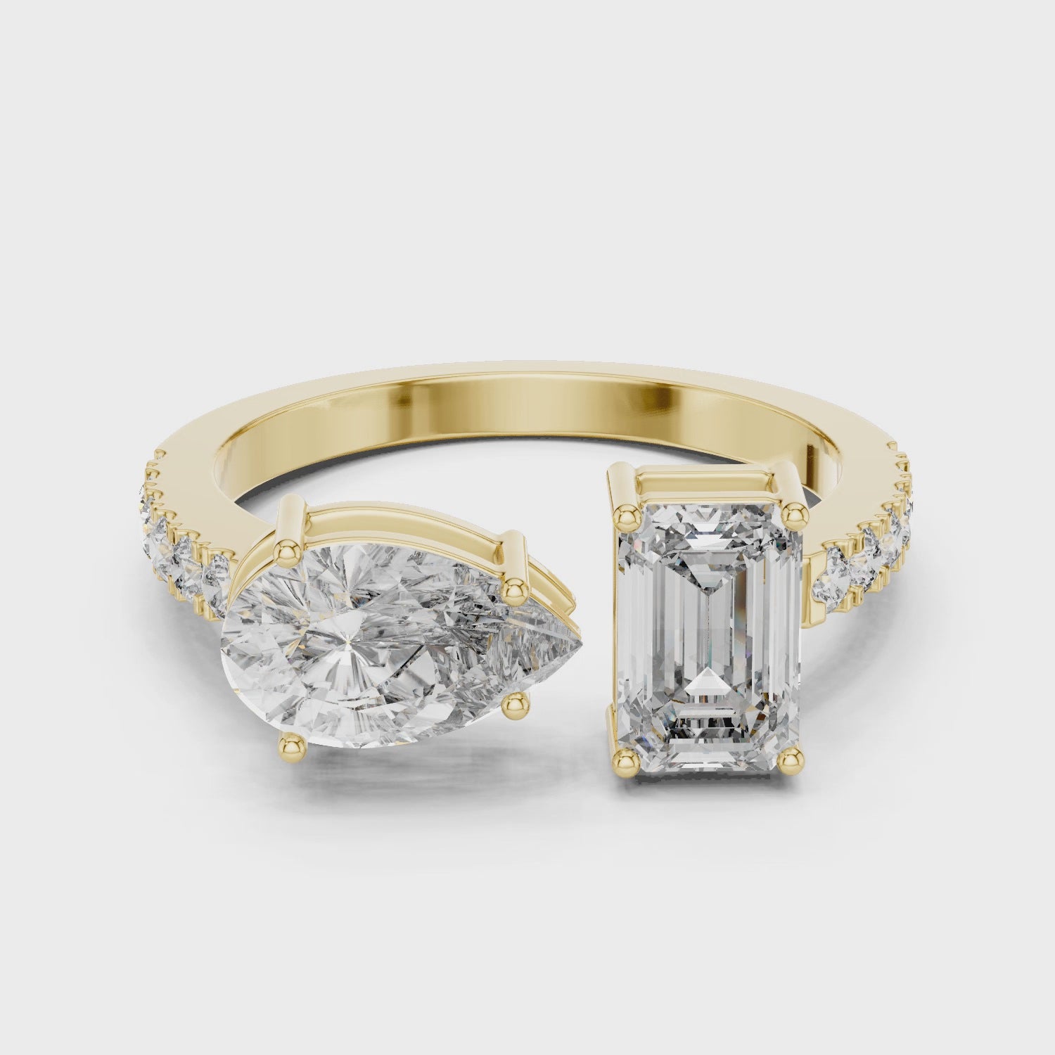 Toi et Moi Emerald & Pear Diamond Ring with Pave Band