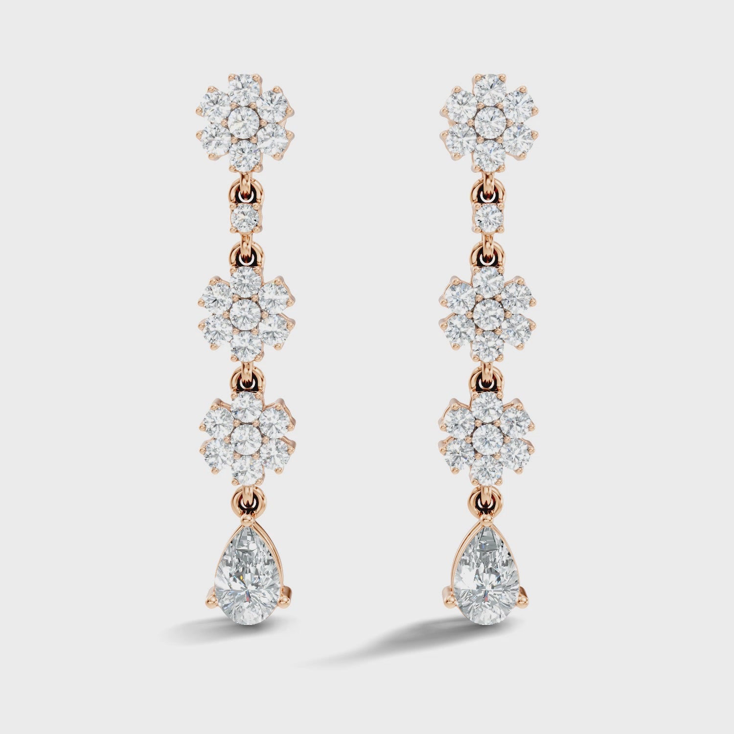 Triple Floral Cluster & Pear Diamond Drop Earrings