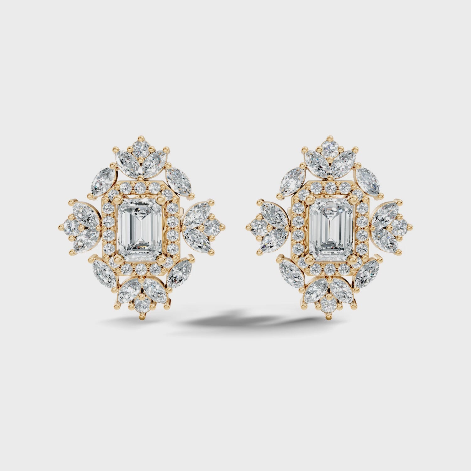 Emerald Cut Diamond Double Halo Marquise Burst Stud