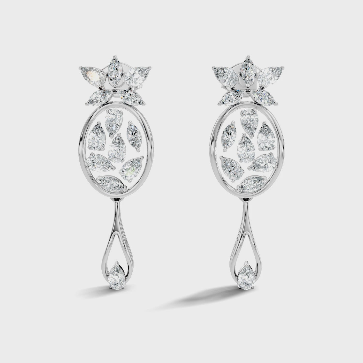 Oval Leaf Frame & Teardrop Marquise Pear Diamond Dangle Earrings (2.00 TCW)