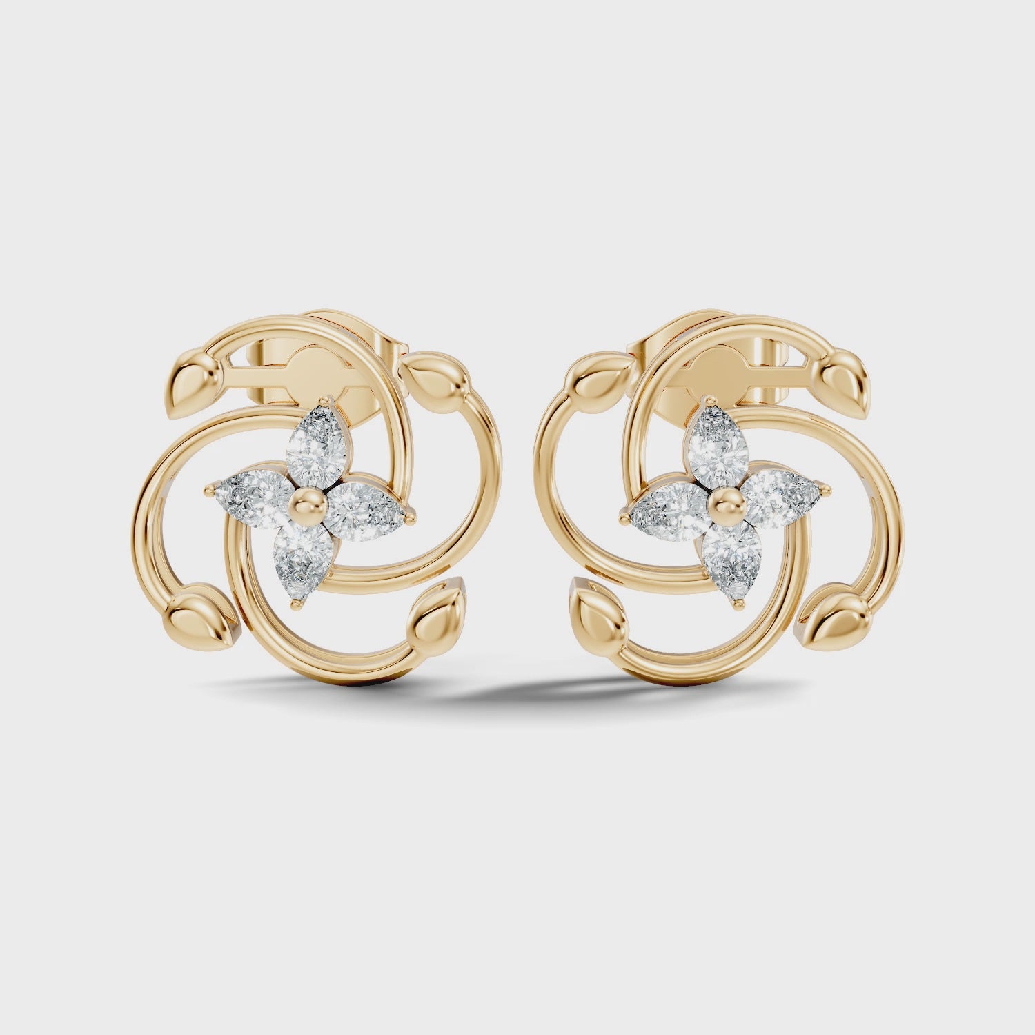 Pear Diamond Four-Petal Flower & Pinwheel Swirl Stud