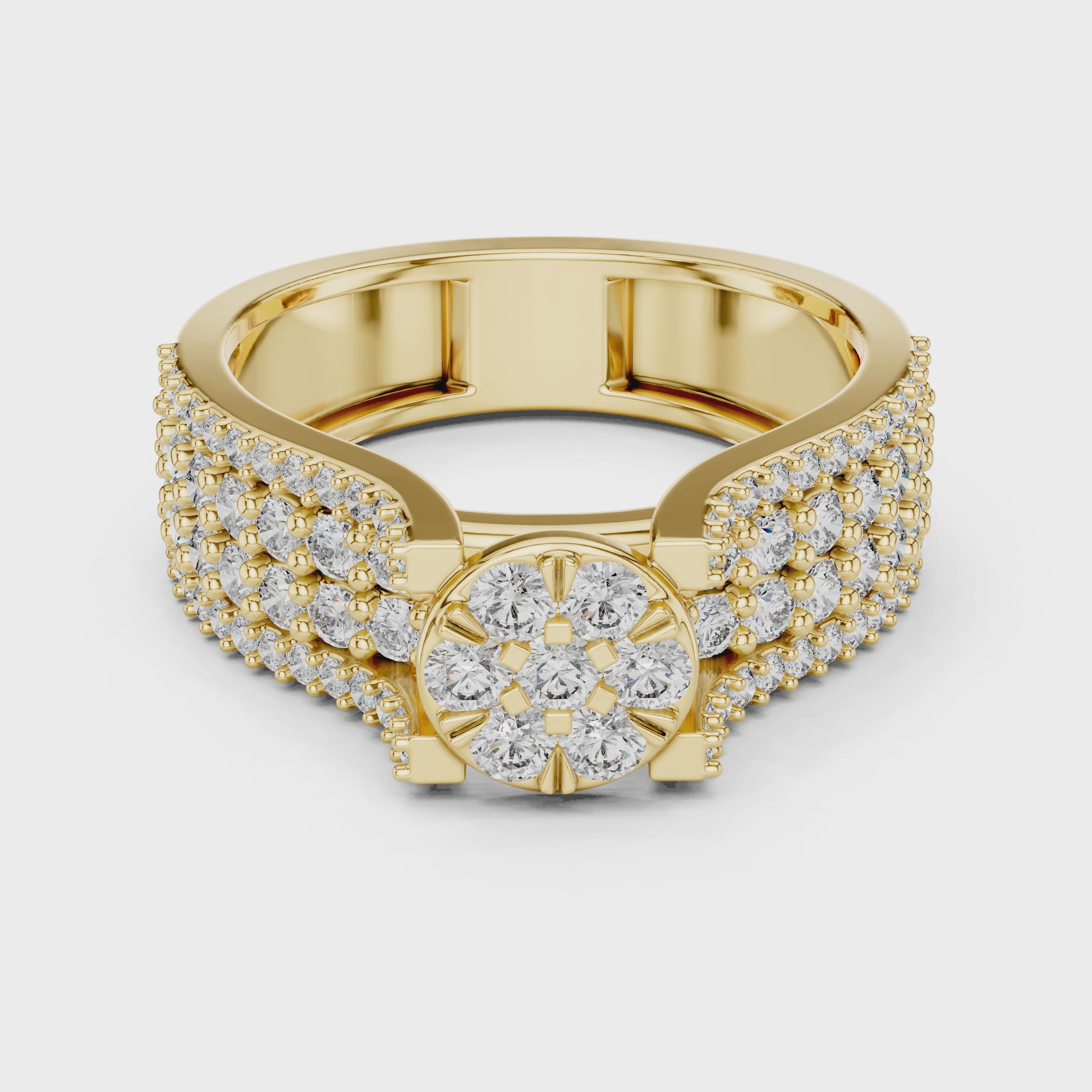 Round Floral Cluster Ring with Multi-Row Pave Band