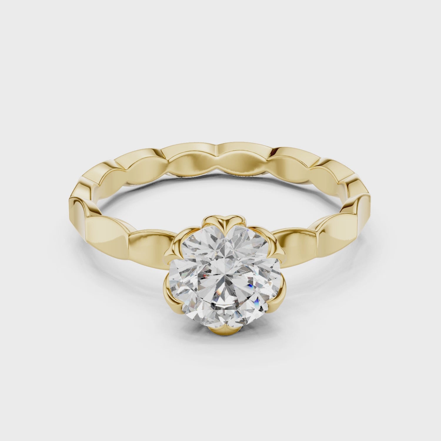 Geometric Scalloped Band 1.00 Carat Round Solitaire Diamond Ring
