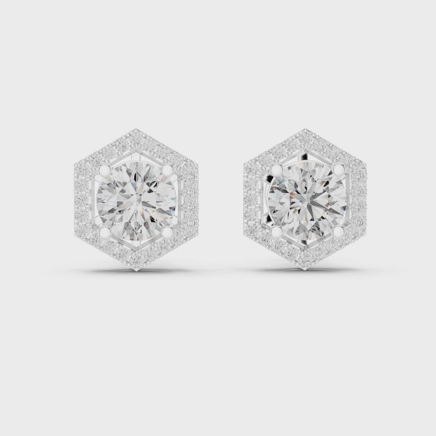 Round Cut Diamond Studs with Hexagonal Pave Halo Setting