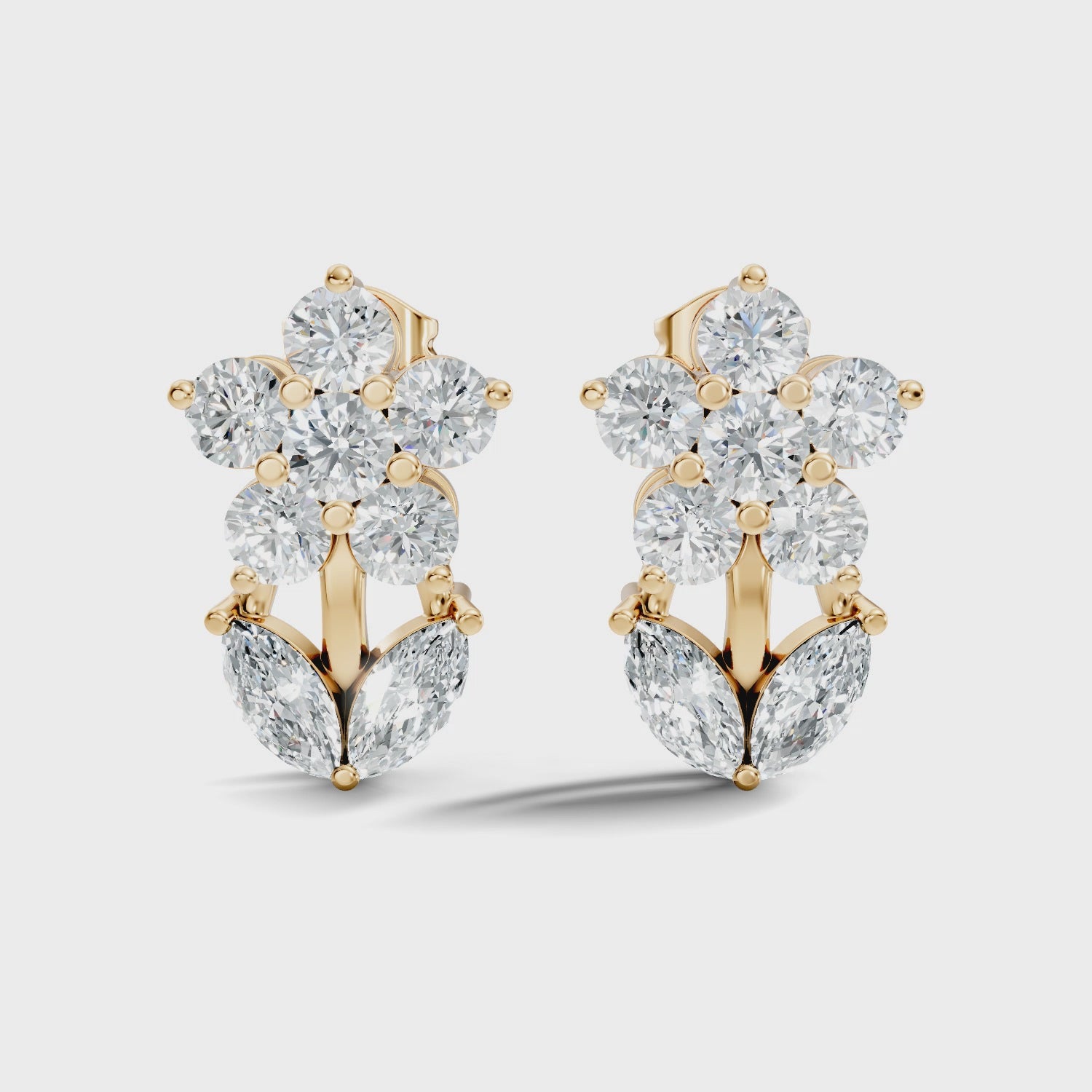 Round Floral Bloom & Marquise Leaf Diamond Stud