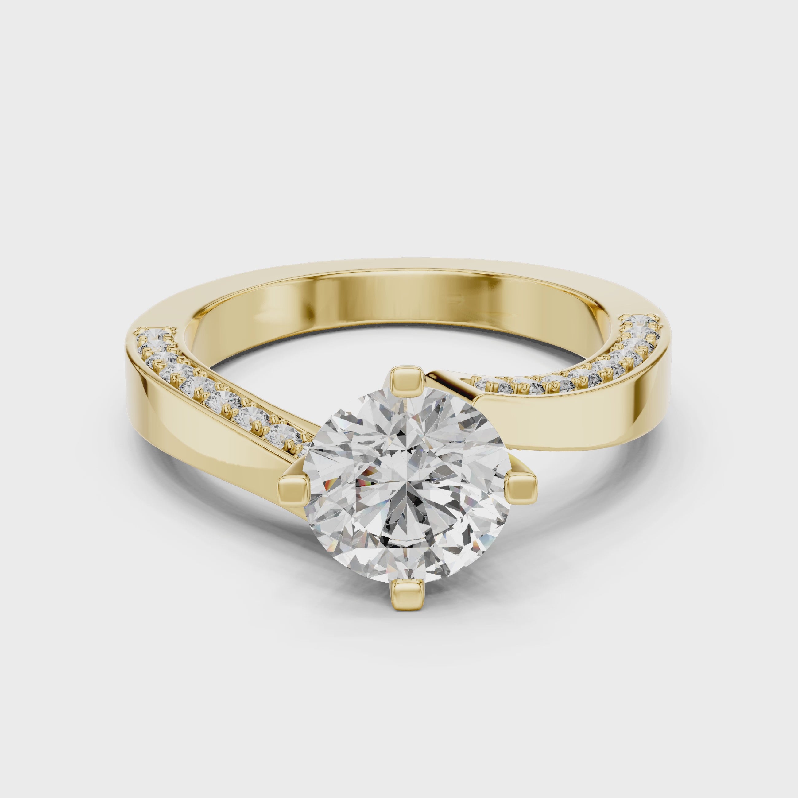 Round Solitaire Engagement Ring with Cross-Over / Twist Pave Shank
