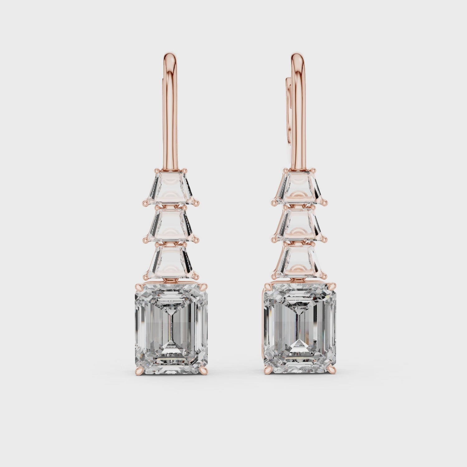 Emerald Cut Solitaire & Trapezoid Diamond Drop Earrings –