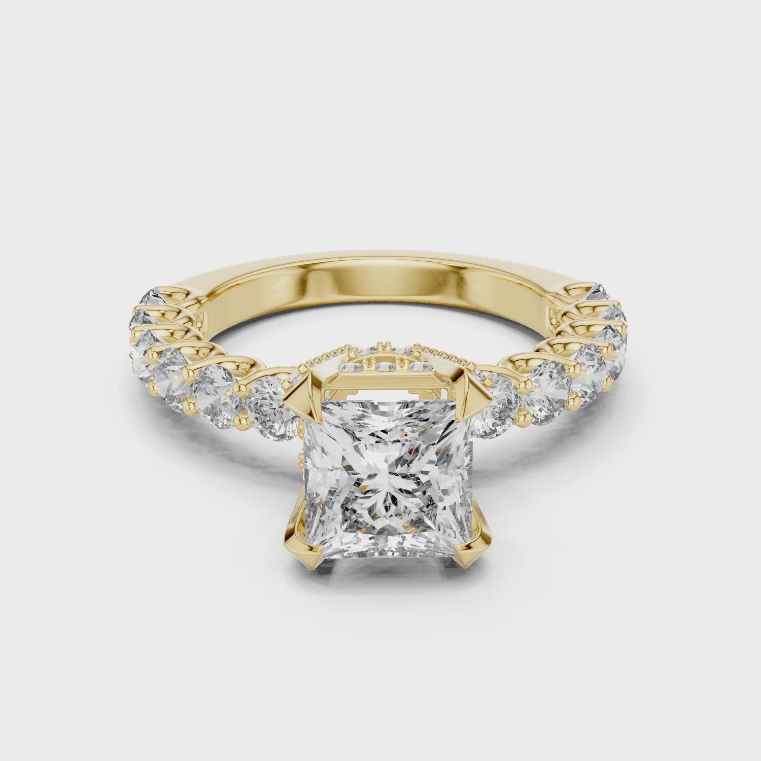 Princess-Cut Solitaire Ring with Shared-Prong Band & Ornate Basket