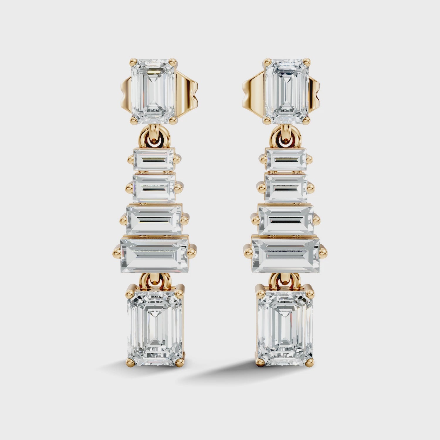 Emerald & Straight Baguette Diamond Linear Drop Earrings